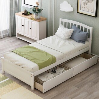 GREATPLANINC Twin Platform Storage Bed Wood Bed Frame with Two Drawers, White