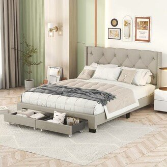 Queen Size Storage Bed Linen Upholstered Platform Bed with 2 Drawers