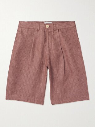 Straight-Leg Pleated Striped Linen Shorts