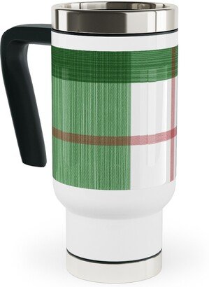 Travel Mugs: Double Plaid Travel Mug With Handle, 17Oz, Green