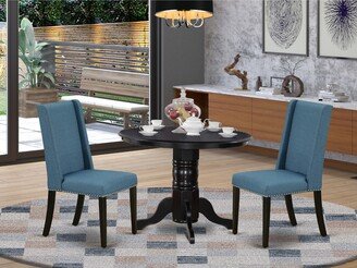 3 Piece Dining Table Set- a Kitchen Table and 2 Blue Linen Fabric Dining Chairs,