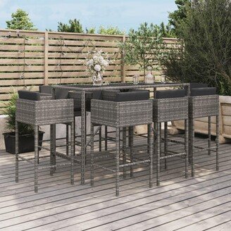 9 Piece Patio Bar Set with Cushions Gray Poly Rattan - 19.7