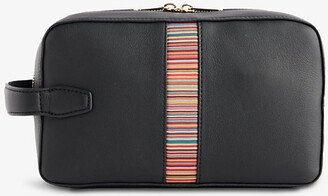 Mens Black Striped-panel Zipped Grained-leather Wash bag