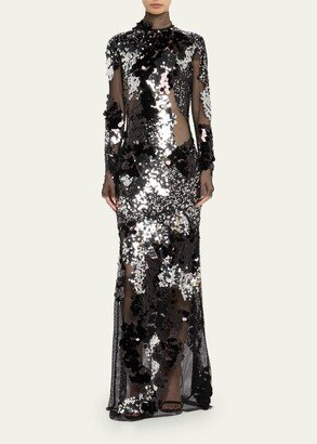 Mixed Sequin Embroidered Mesh Gown