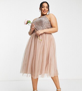 Bridesmaid halter neck midi tulle dress with sequins in muted blush