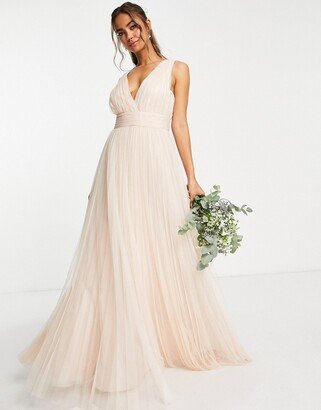 Bridesmaid ruched maxi dress with pleated skirt and button back detail in champagne