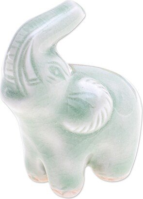 Handmade Happy Elephant In Green Celadon Ceramic Figurine