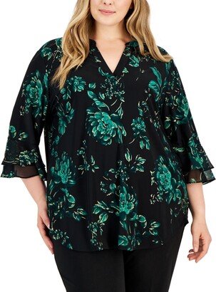 Plus Size Floral-Print Flutter-Sleeve Top - Black/Evergreen