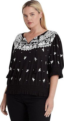 Plus Size Embroidered Jersey Tie Neck Top (Black/White) Women's Clothing