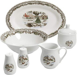 Home Christmas Toile 7 Piece Porcelain Serving Set in White