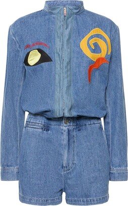 Embroidered cotton denim playsuit