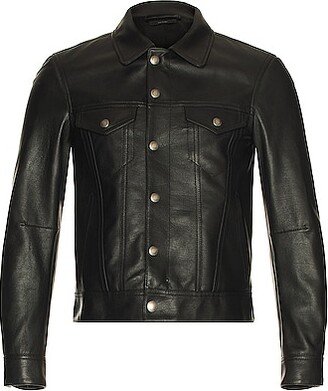 Soft Grain Leather Zip Jean Jacket in Black