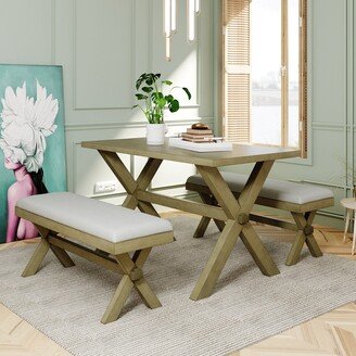 EYIW 4-Piece Rustic Wood Dining Table Set, Dining Table, 2 Upholstered X-back Chairs and Bench