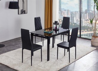 EDWINRAY 5-Piece Kitchen Dining Table Set for Dining Room & Kitchen, Dining Table with Glass Tabletop, 4 Faux Leather Metal Frame Chairs