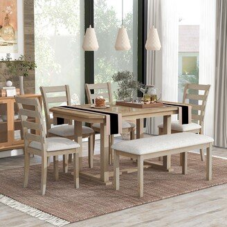 EDWINRAY 6 Piece Rubber Wood Dining Set with Beautiful Grain Pattern Tabletop, Natural Wood Wash