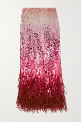 Feather-trimmed Sequined Satin Midi Skirt - Pink