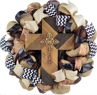 Rustic Cross Door Wreath, Wooden Cross, Sympathy Gift, Front Thinking Of You, Gift For Funeral, Black Burlap White Brown