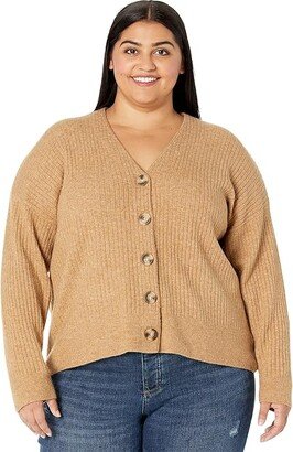 Plus Cameron Ribbed Cardigan Sweater in Coziest Yarn (Heather Toffee) Women's Clothing