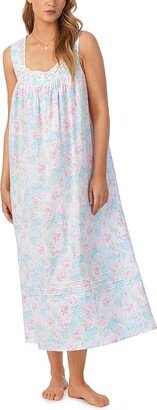 Cotton Lawn Sleeveless Ballet Gown (Aqua Print) Women's Pajama