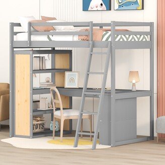 HOMEBAY Twin Size Loft Bed with Ladder, Shelves, and Desk