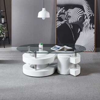 RASOO 3 Pieces Coffee Table Set, Oval Tempered Glass Table and 2 Leather Stools-AA