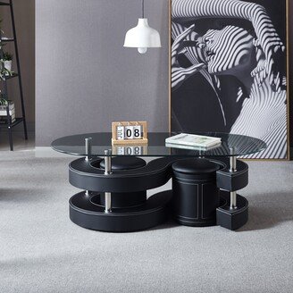 3 Pieces Coffee Table Set with Oval 10mm/0.39 Thick Tempered Glass Table and 2 Leather Stools