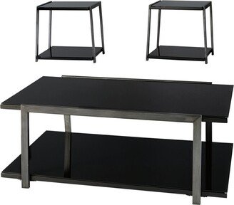 Metal Framed Table Set with Tempered Glass Top and Lower Shelf, Set of Three, Black and Silver