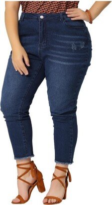 Agnes Orinda Women's Plus Size Denim Pants Frayed Washed Ankle Jeans with Slash Pockets Blue 3X