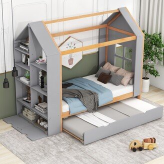 EDWINRAY Twin House Bed with Trundle & Storage Shelves, Solid Wood Platform Bed Frame with Roof & Window for Kids Teens Girls Boys, Grey