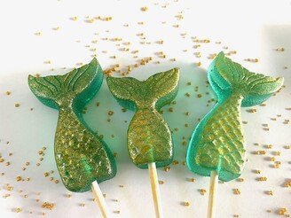 Set/16 Mermaid Tail Gold Dusted Lollipops - Birthday Party Favors Cake & Cupcake Toppers White Gold, Silver Or Rose-AA