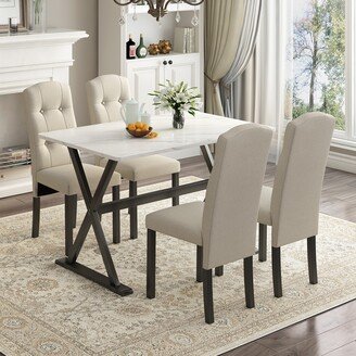 RASOO Elegant 5-Piece Dining Table Set with Faux Marble Top and Upholstered Chairs-AA