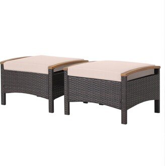 Set of 2 Patio Rattan Ottoman Footrest Cushions Wooden with Handle