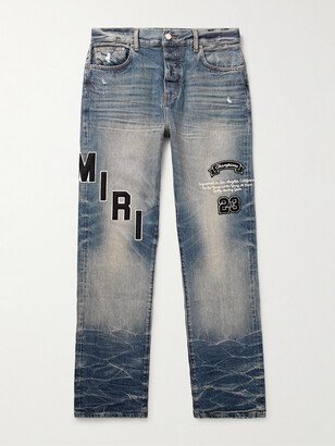 Straight-Leg Logo-Appliquéd Embroidered Distressed Jeans-AA