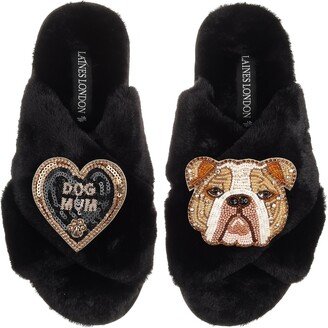 Laines London Classic Laines Slippers With Mr Beefy The Bulldog & Dog Mum Brooches - Black