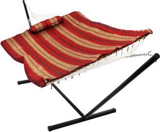 Sunnydaze Decor Sunnydaze Cotton Rope Freestanding Hammock with Spreader Bar with Portable Steel Stand and Pad and Pillow Set - 12' Stand - Awning Stripe