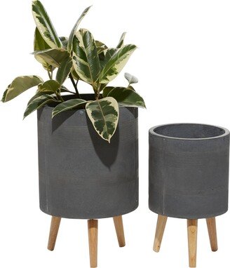 Gray Ceramic Indoor Outdoor Planter with Wood Legs Set of 2