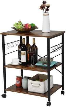 Wood Kitchen Cart with 3-Tier Storage Space, Movable Microwave Stand with 10 Hooks - Brown and Frosted Black