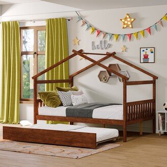 Calnod Full Size Wooden House Bed with Twin Size Trundle - Creative Design, Maximized Space