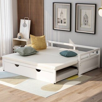 EDWINRAY Extendable Daybed with Trundle, Wooden Platform Sofa Bed, Twin to King Size Extend Bed Furniture for Bedroom Living Room, White