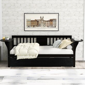 EDWINRAY Twin Size Daybed with Trundle Bed, Wood Sofa Bed for Bedroom Living Room, Wood Platform Bedframe for Kids Teens Guests, Espresso