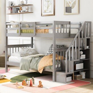 Sunmory Twin-over-Twin Bunk Bed Wood Frame Bed with Storage Stairway and Headboard, Full-Length Guardrail Top Bunk for Kids Teens