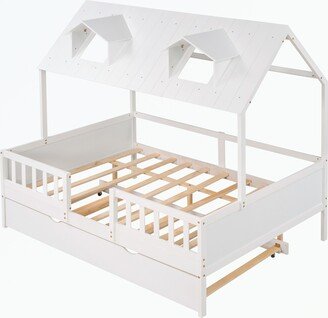 Full Size House Bed Wood Bed with Twin Size Trundle