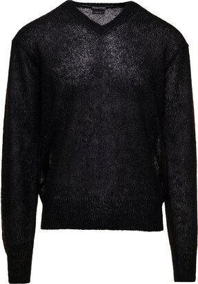 Black V Neck Sweater In Mohair Blend Man