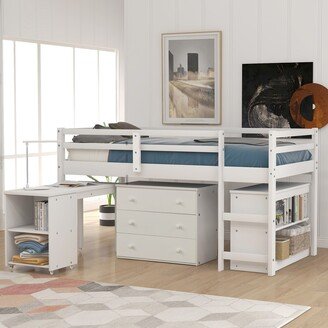 EDWINRAY Twin Loft Bed with Cabinet and Rolling Portable Desk, Wooden Low Study Loft Bed with Drawers, White