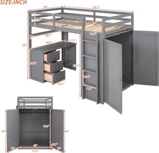 NINEDIN Twin Size Loft Bed with Drawers,Desk and Wardrobe,Wooden Loft&Bed with Shelf for Teens/Bedroom/Guestroom - Gray