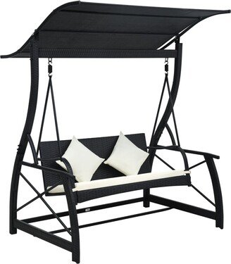 3-Seater Garden Swing Bench with Canopy Poly Rattan Black - 65.7 x 51.1 x 70