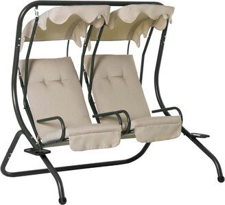 Modern 2-Seater Outdoor Patio Swing Chair, Porch Seats with Cup Holder and Removeable Canopy, Beige