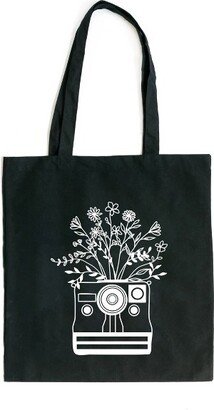 City Creek Prints Camera And Wildflowers Canvas Tote Bag - 15x16 - Black