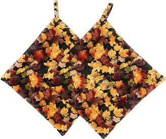 Set Of 2 - Fall Autumn Harvest Yellow Orange Red Maple Leaves Square Hot Pot Holders Pad Pan Plate Trivets Made in America Usa