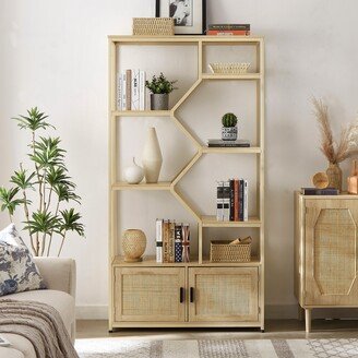 IGEMAN Rattan Natural Bookshelf, 5 Tiers Storage Rack with Cabinet